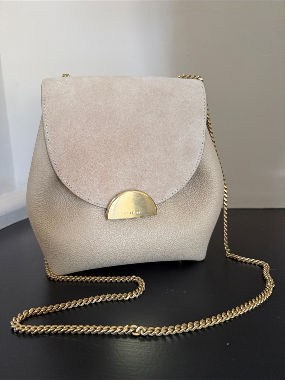 Polène Numero Un Beige Suede-Flap & Grain Leather Crossbody with Gold Hardware